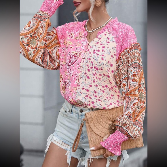 Boho Floral Patched Print Cuff Long Sleeve Trimmed Top Blouse Shirt - Picture 3 of 5